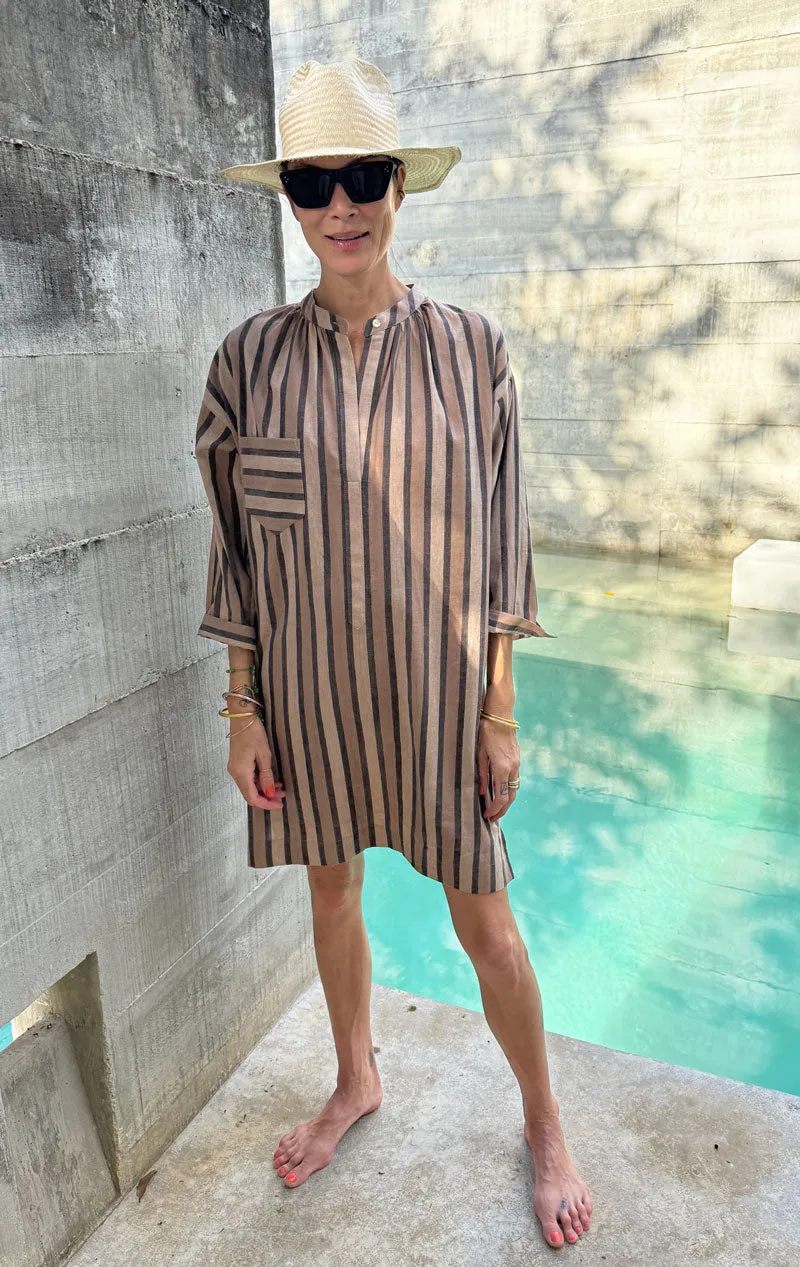 Beige Striped long sleeve button tunic