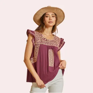 Berry and taupe embroidered top with flutter sleeves