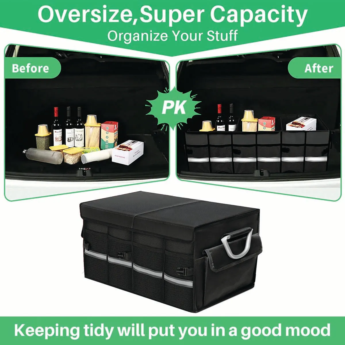 Big Trunk Organizer, Cargo Organizer SUV Trunk Storage Waterproof Collapsible Durable Multi Compartments MC12994