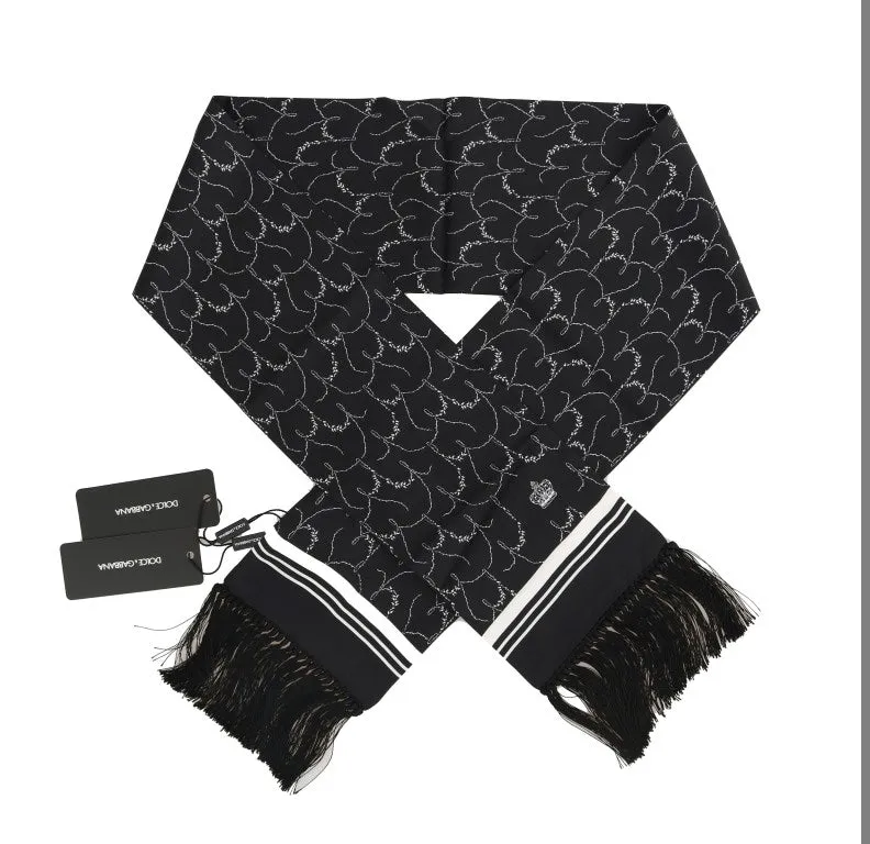 Black 100% Silk Dog-rose Print Scarf
