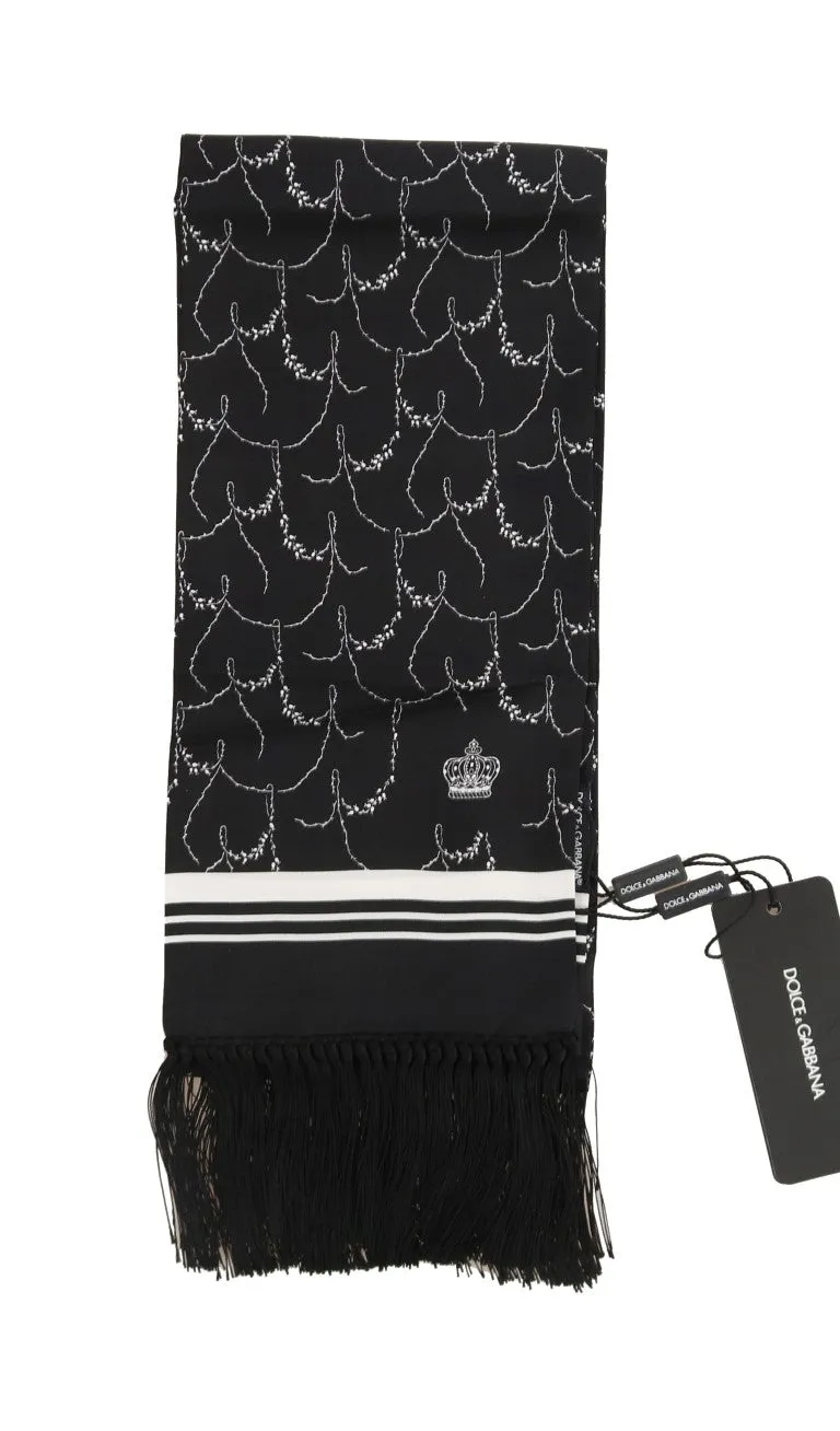 Black 100% Silk Dog-rose Print Scarf