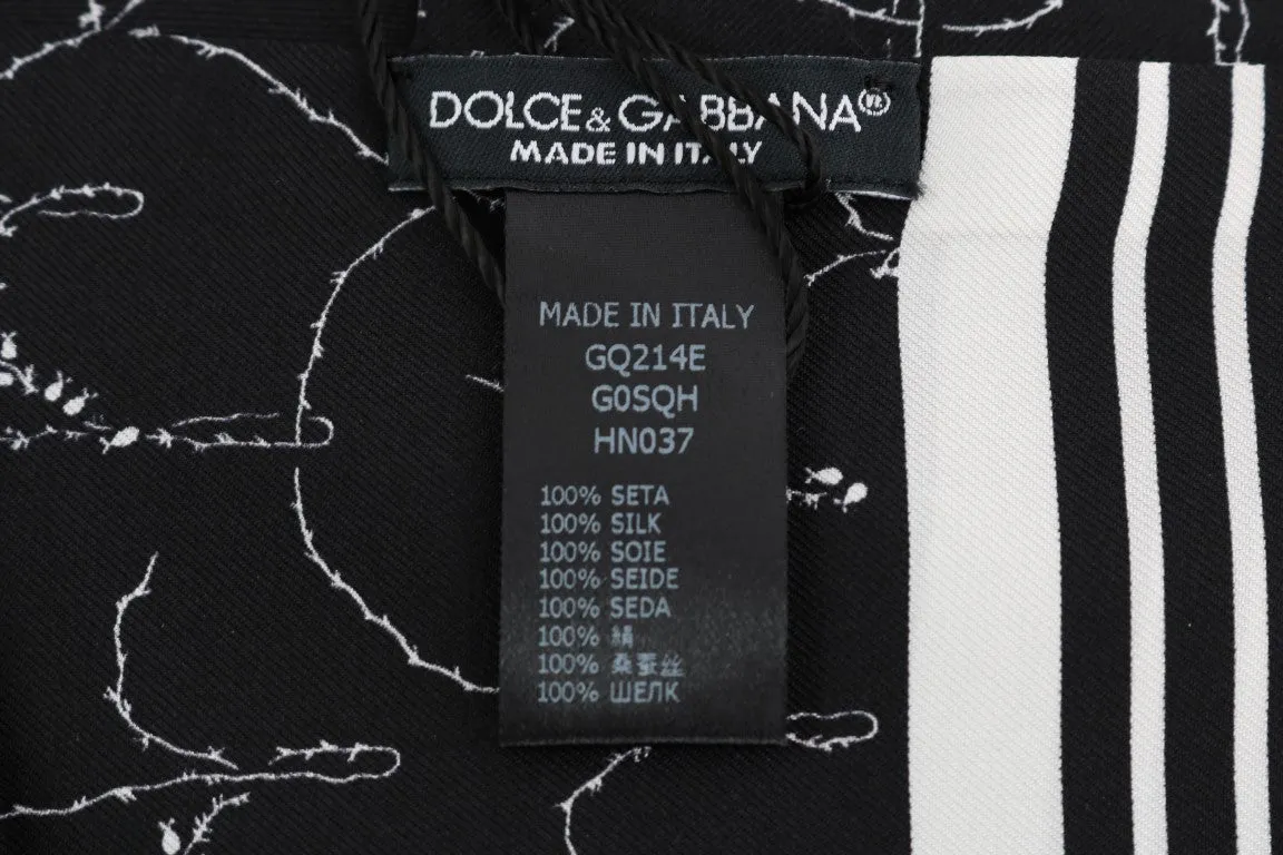 Black 100% Silk Dog-rose Print Scarf