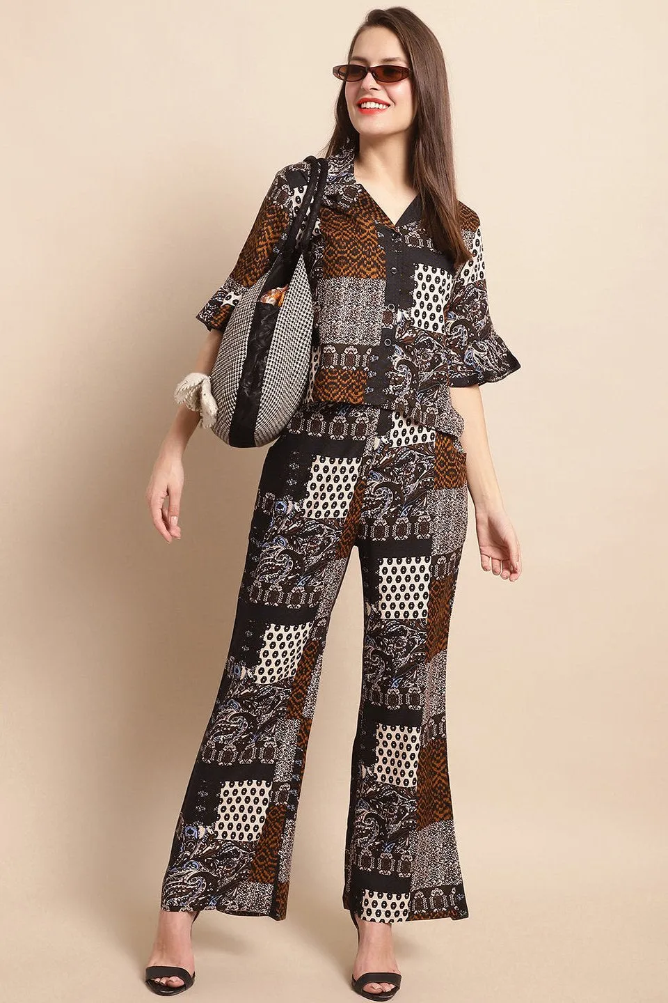 Black & White Abstract Printed Viscose Rayon Co-Ord Set for Women | S-XL | Claura