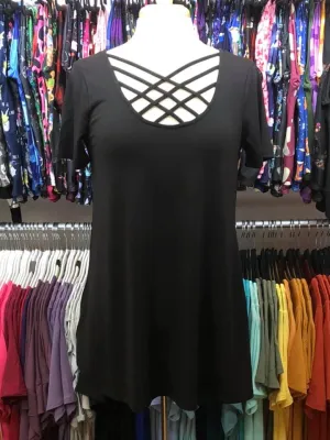 Black Criss-Cross Short Sleeve Tunic Tops