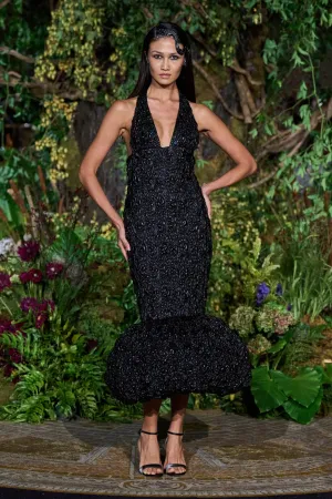 BLACK EMBROIDERED BUBBLE VEGAN LEATHER BUBBLE HEM HALTER DRESS