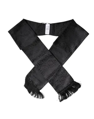 Black Floral Jacquard Skinny Fringes Scarf