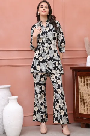 Black Floral Printed Cotton Co-Ord Set for Women | S-3XL | Claura