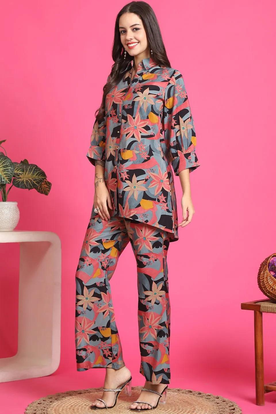 Black Floral Printed Tunic & Trousers Co-Ord Set for Women | S-3XL | Claura