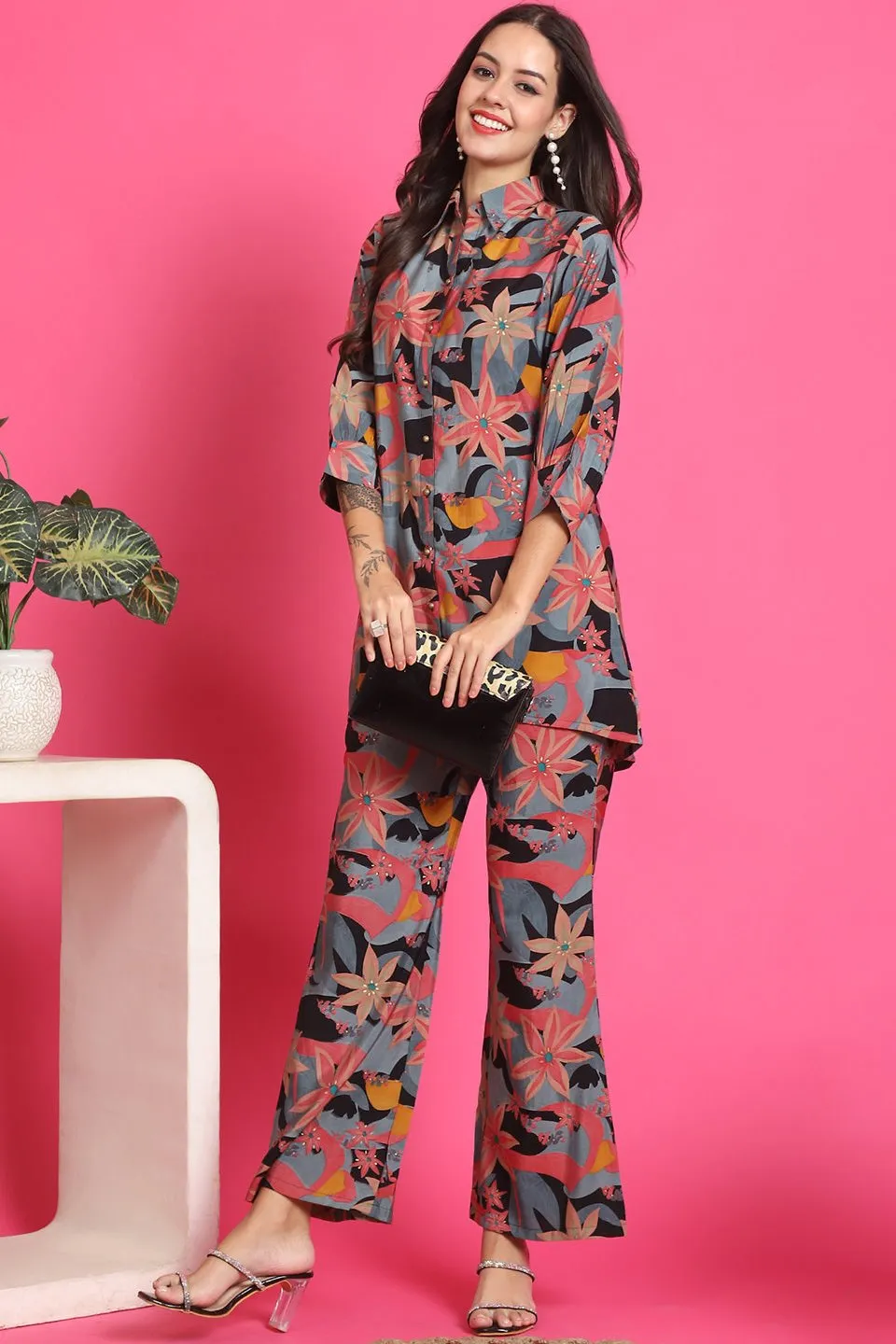 Black Floral Printed Tunic & Trousers Co-Ord Set for Women | S-3XL | Claura