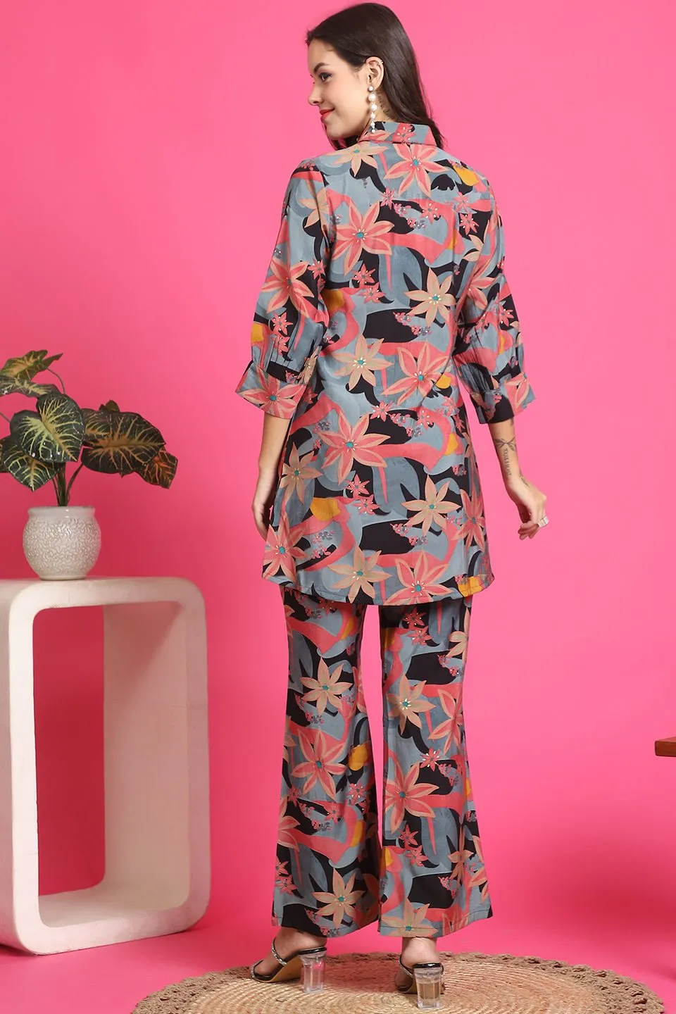 Black Floral Printed Tunic & Trousers Co-Ord Set for Women | S-3XL | Claura