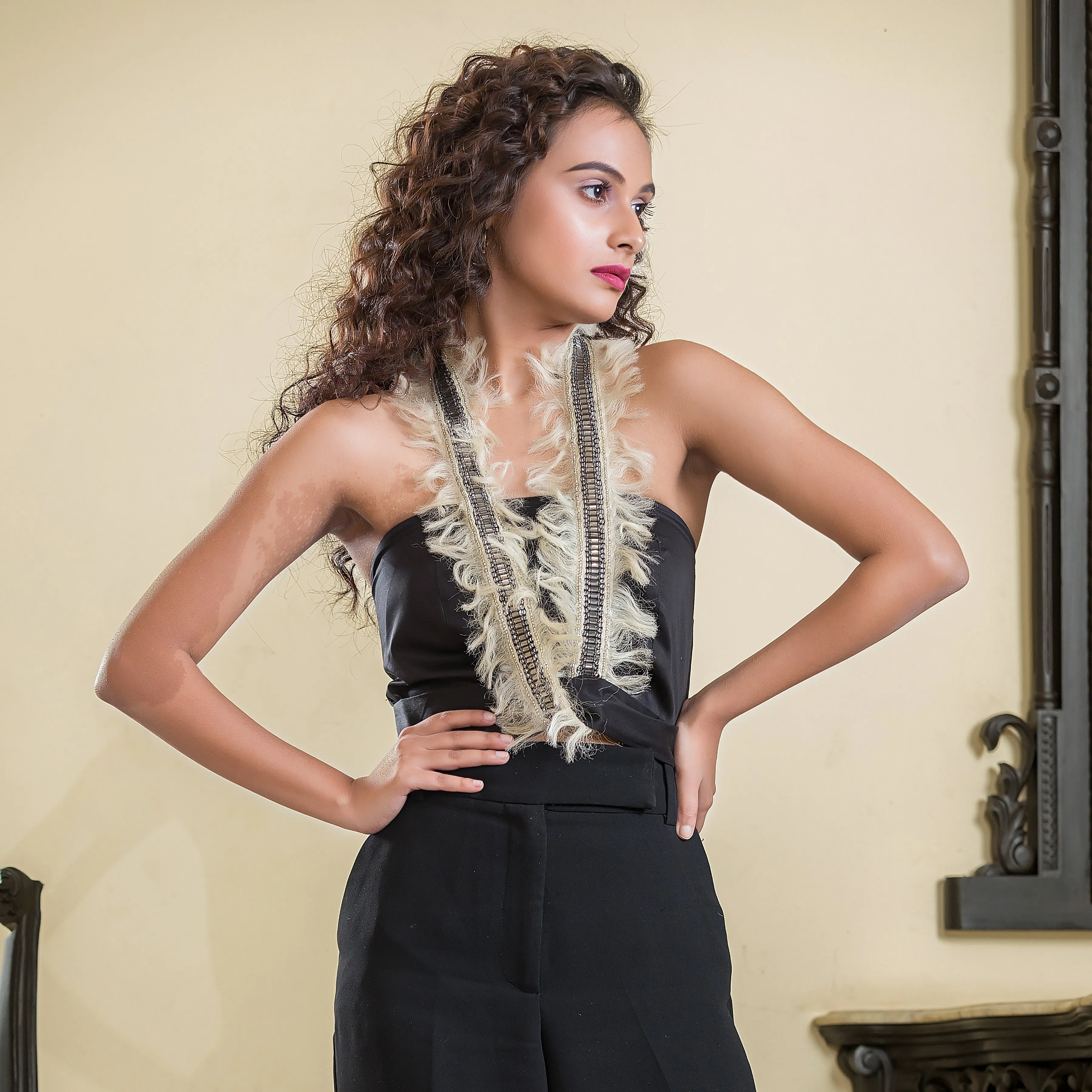 Black Halter Feather Lace Top