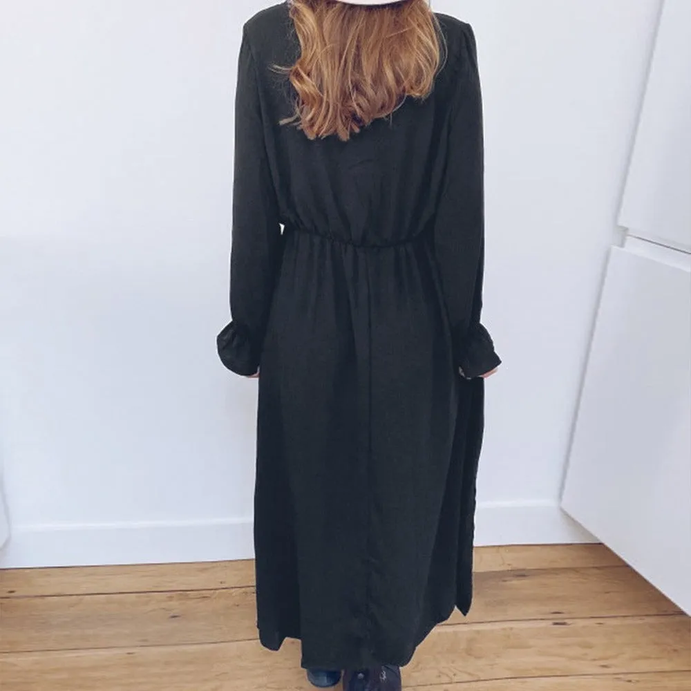 Black Lace V-neck Elegant Casual Midi Dresses