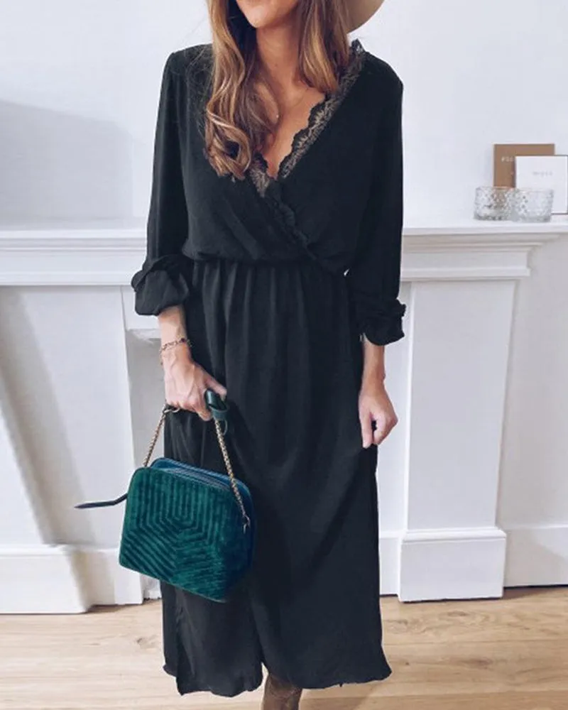 Black Lace V-neck Elegant Casual Midi Dresses