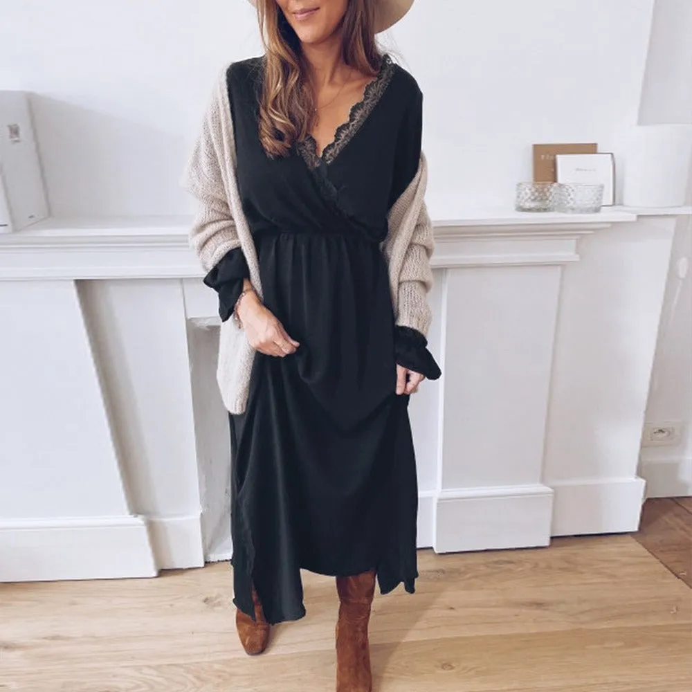 Black Lace V-neck Elegant Casual Midi Dresses