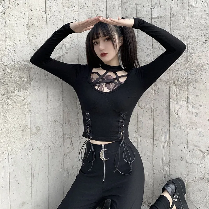 Black Long Sleeve Gothic Top with Pentagram