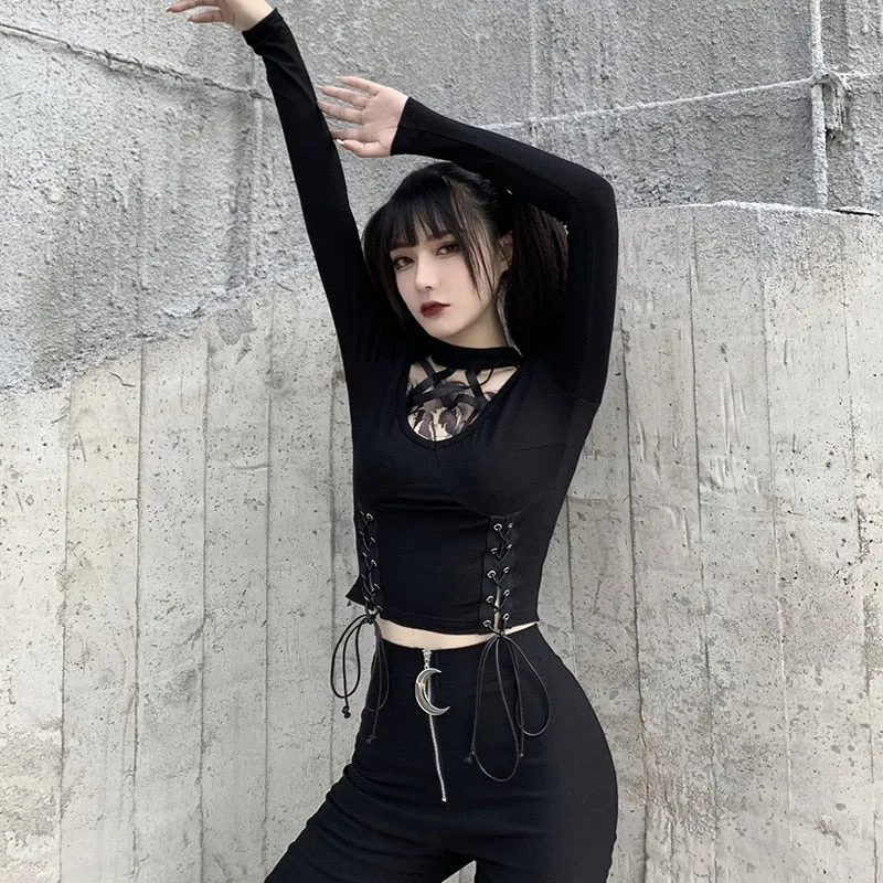 Black Long Sleeve Gothic Top with Pentagram