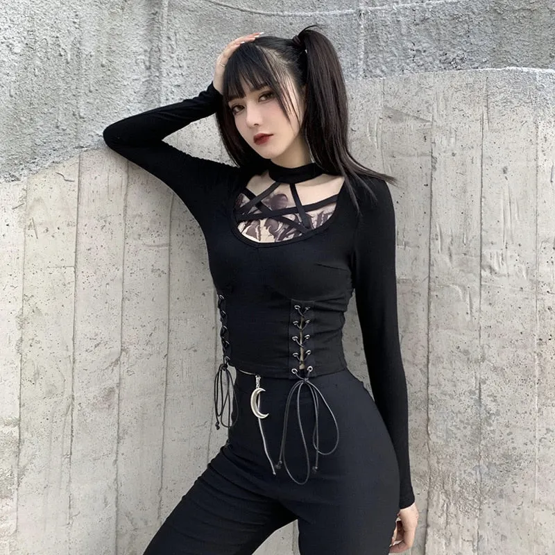 Black Long Sleeve Gothic Top with Pentagram