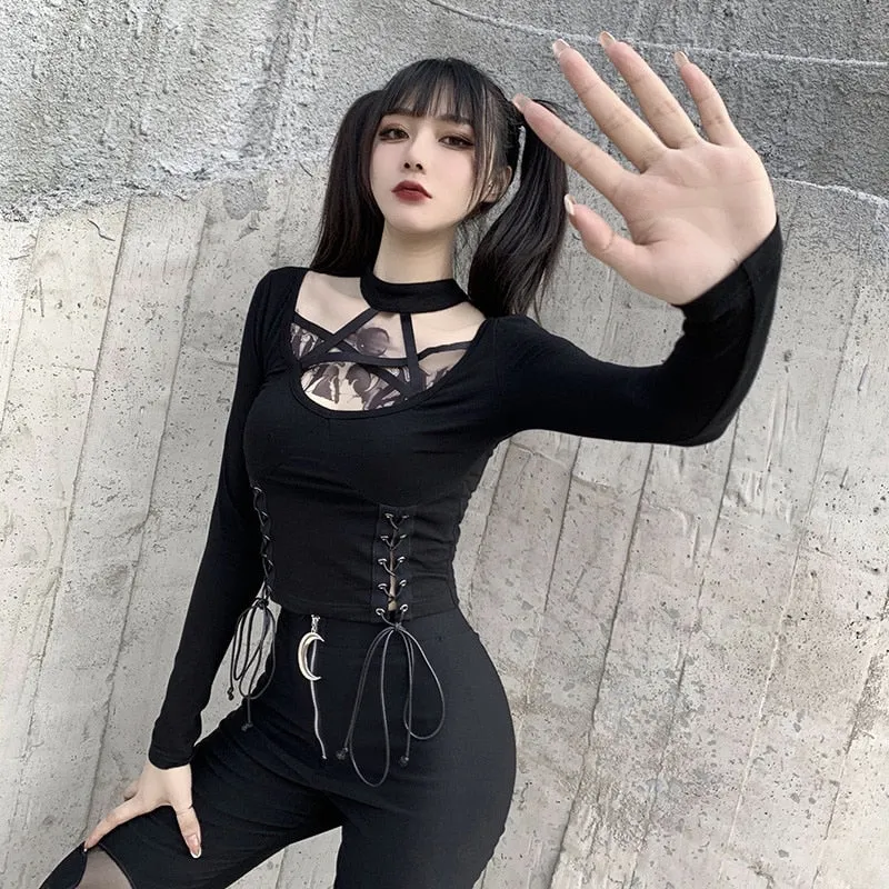 Black Long Sleeve Gothic Top with Pentagram