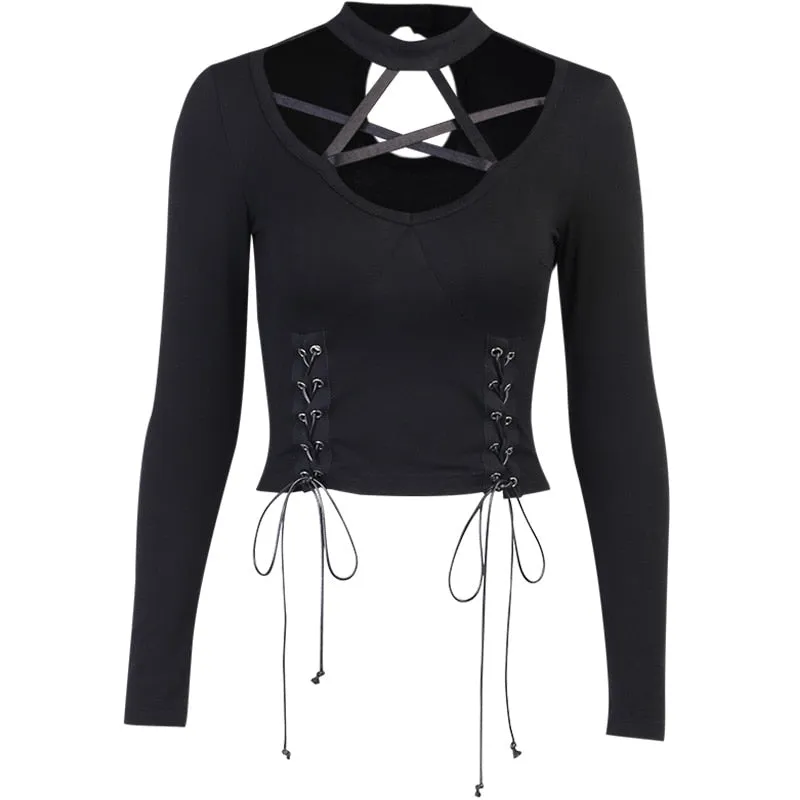 Black Long Sleeve Gothic Top with Pentagram