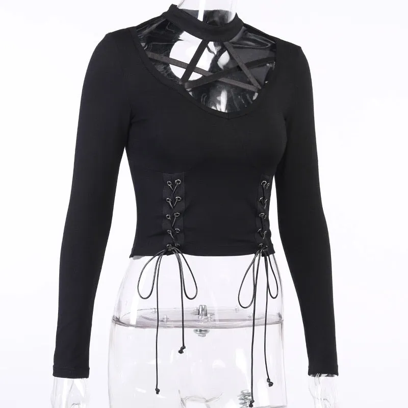 Black Long Sleeve Gothic Top with Pentagram