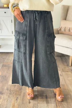 Black Mineral Washed Wide Leg Pant