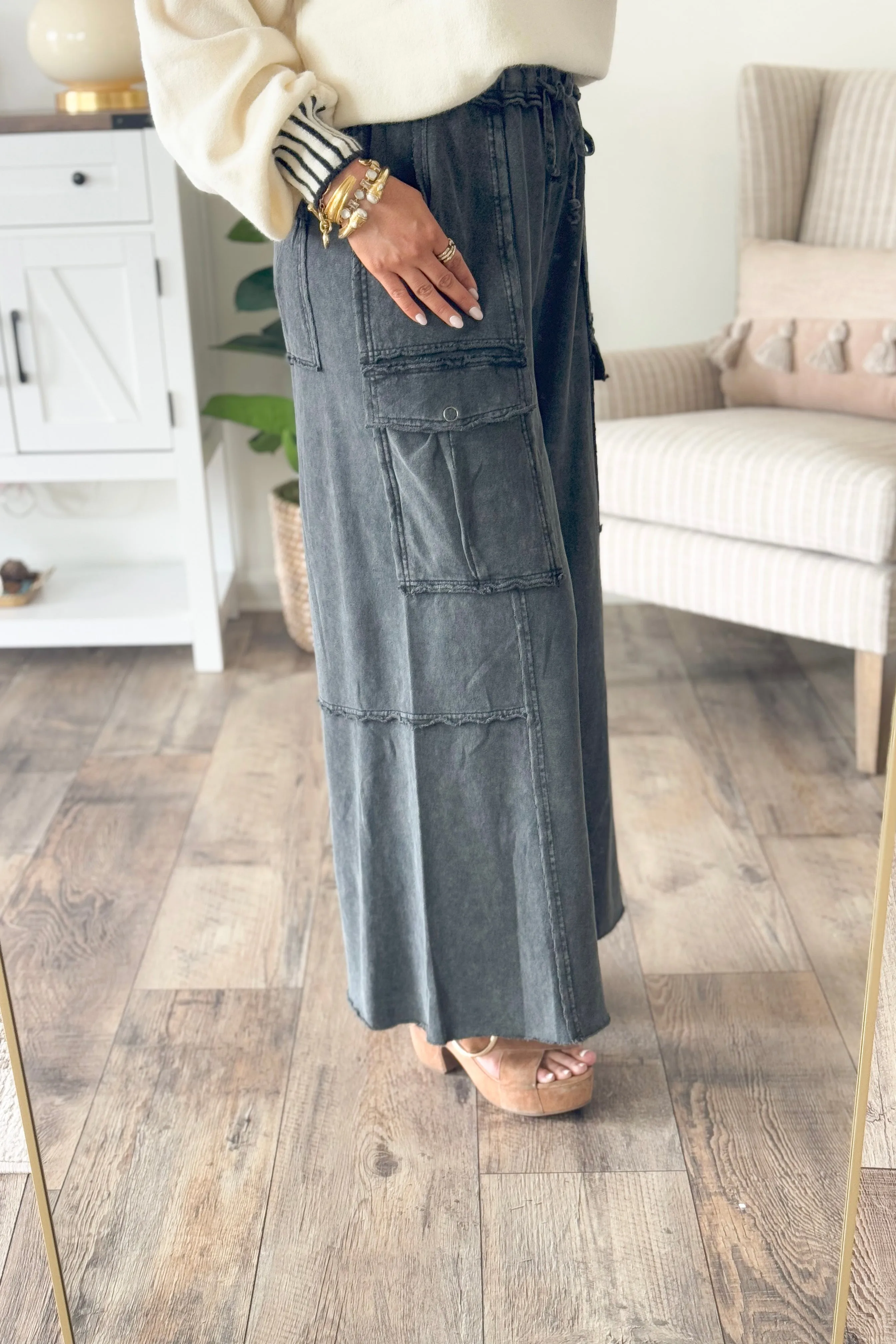 Black Mineral Washed Wide Leg Pant