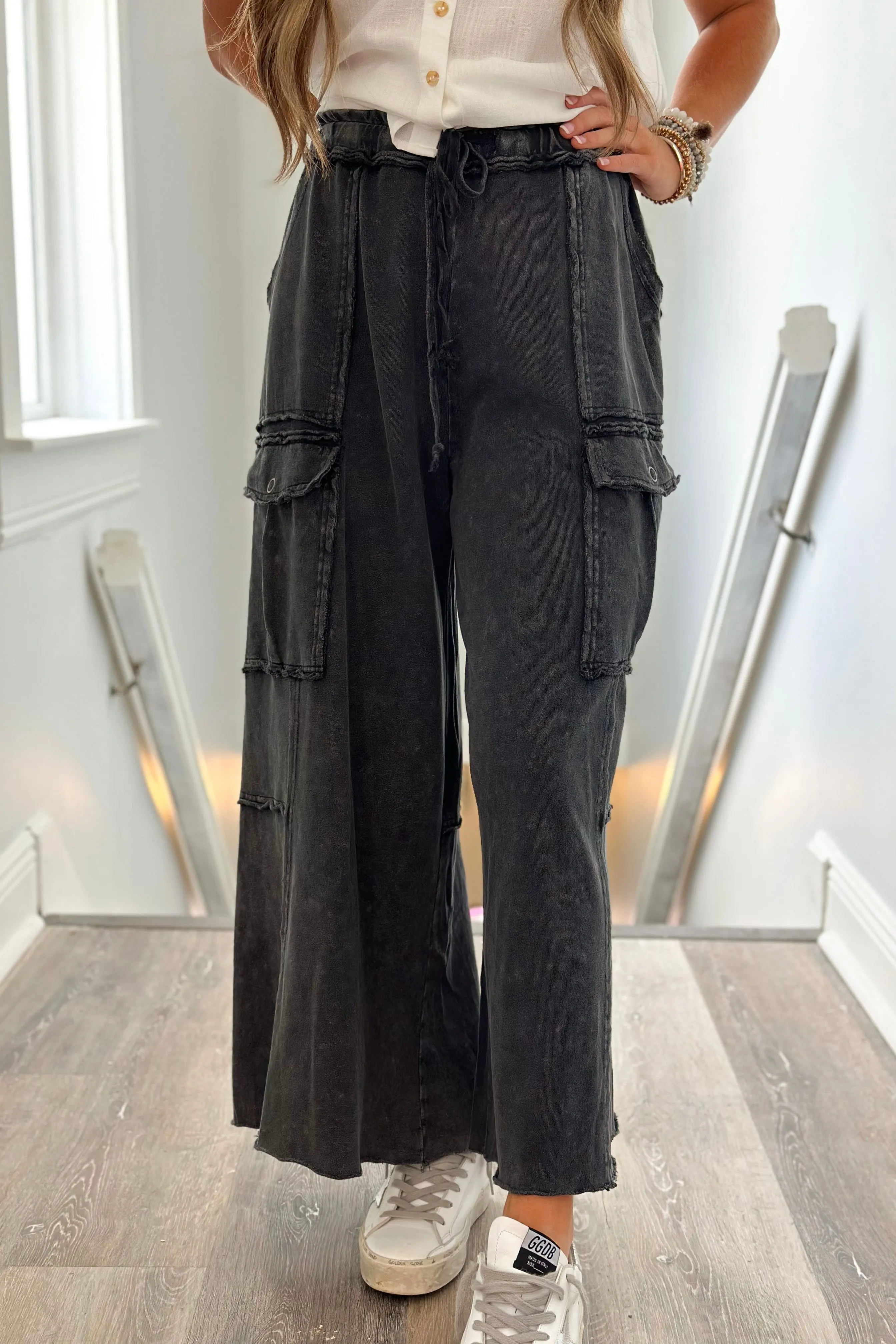 Black Mineral Washed Wide Leg Pant