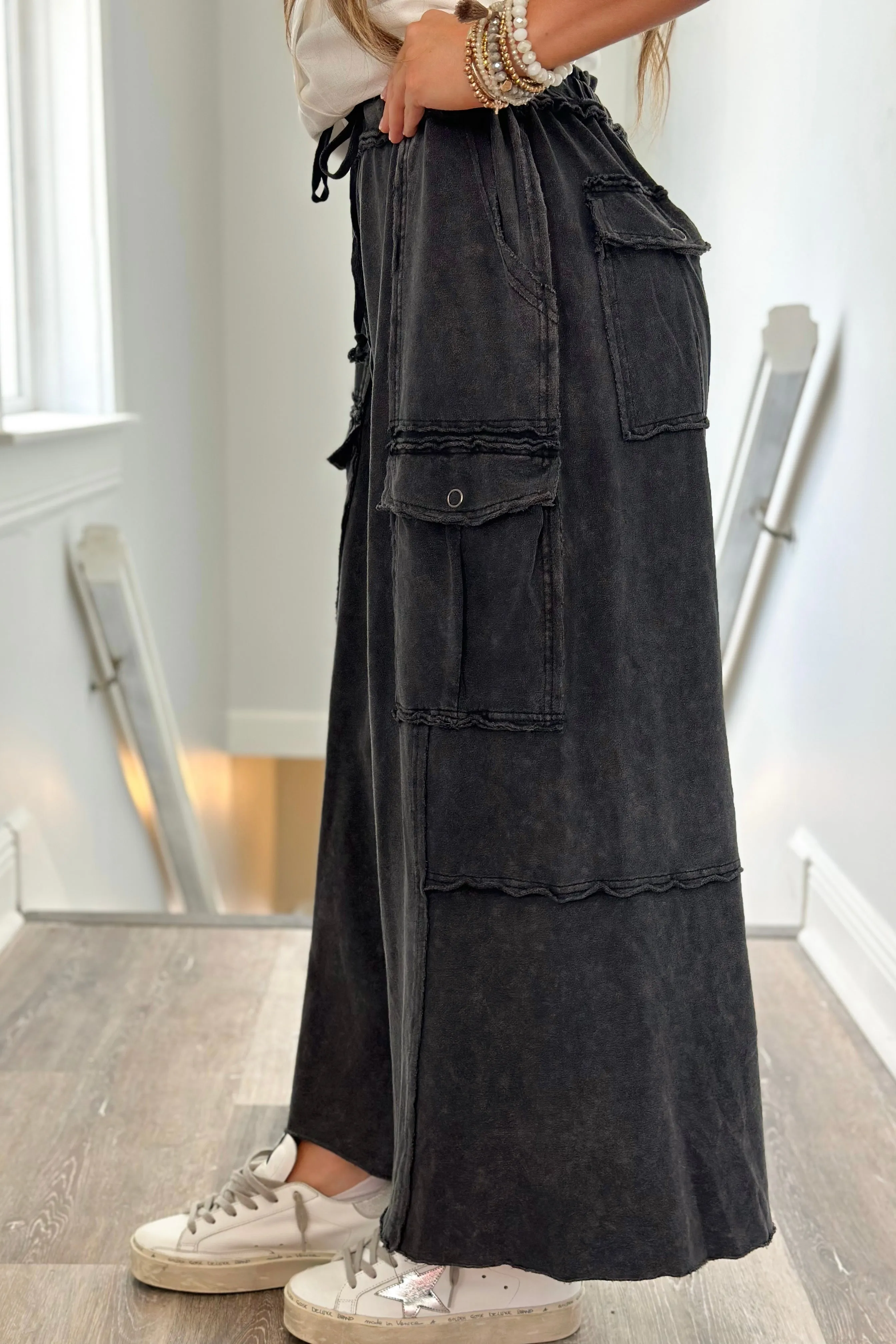 Black Mineral Washed Wide Leg Pant