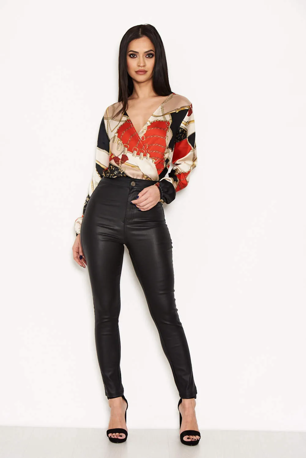 Black Printed Wrap Bodysuit