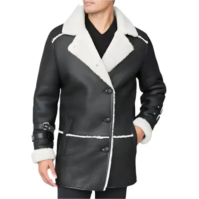 Black Shearling Sheepskin Car Coat – Warm & Stylish