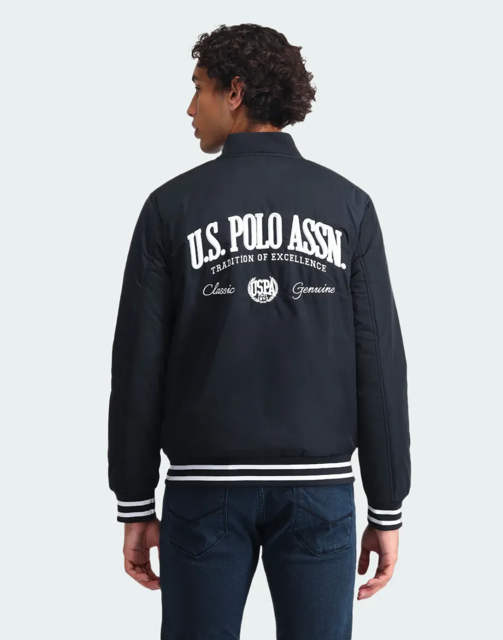 Blue Brand Printed Bomber Jacket