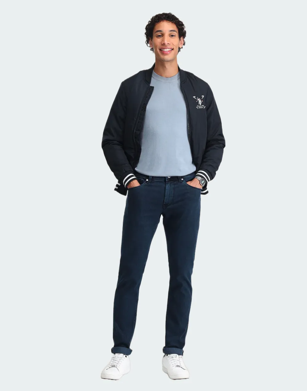 Blue Brand Printed Bomber Jacket