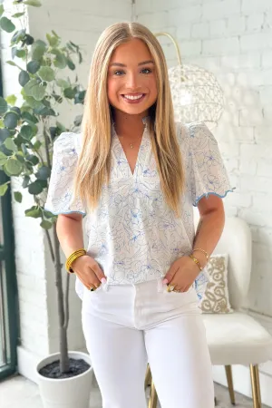 Blue Floral Scallop Edge Detail Top