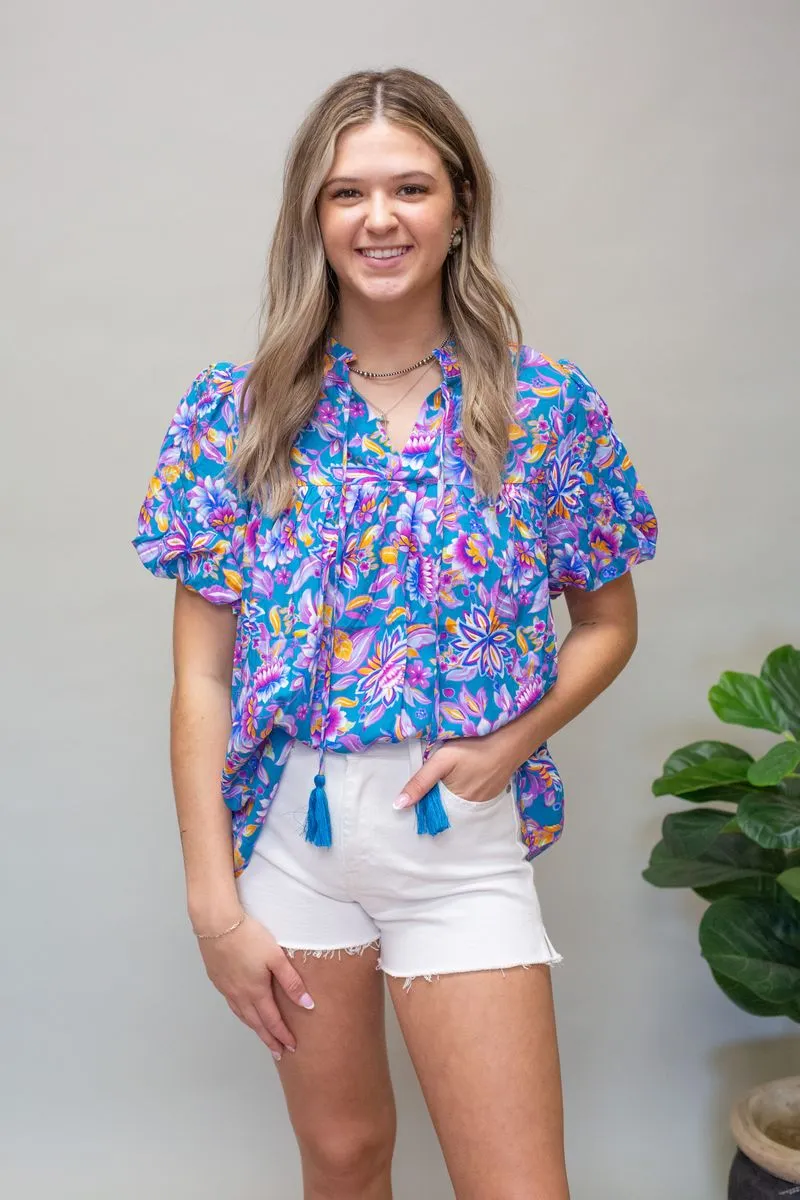 Blue Print Top w/Tassels