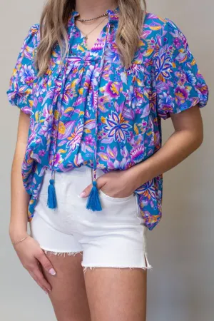 Blue Print Top w/Tassels