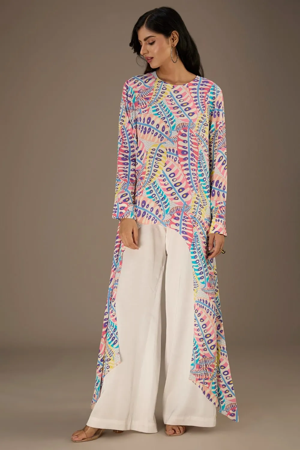 Blue Printed Crepe Tunic With Side Tail