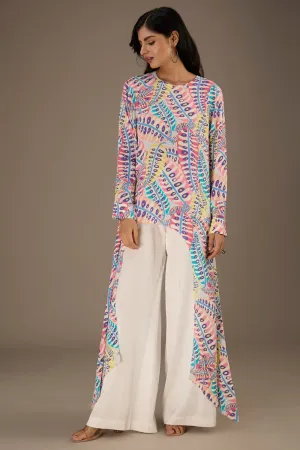 Blue Printed Crepe Tunic With Side Tail