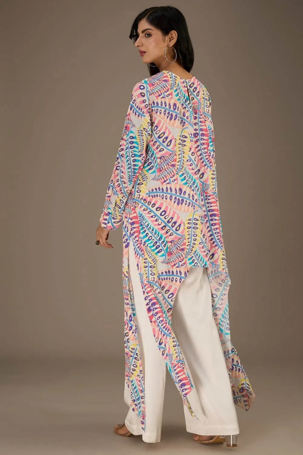 Blue Printed Crepe Tunic With Side Tail