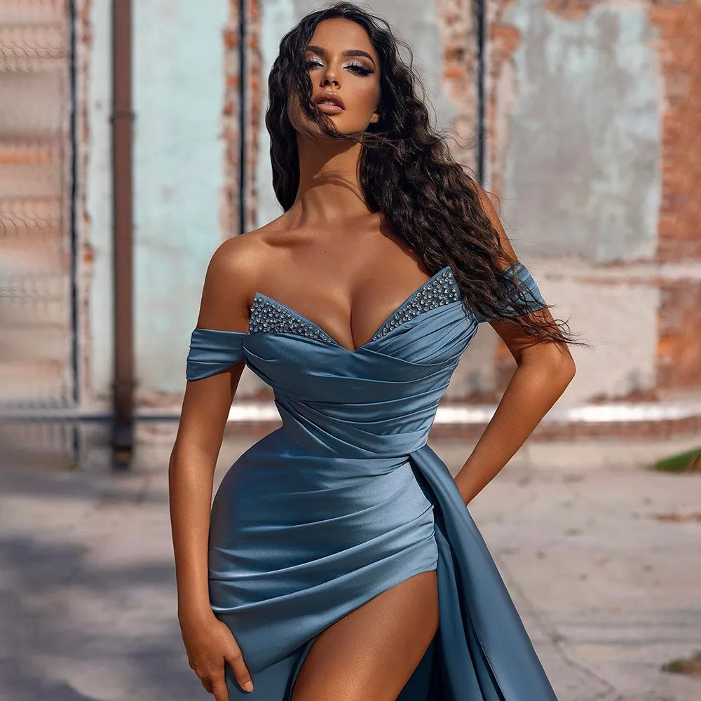 Blue Satin Mermaid Evening Dresses Gowns 2022