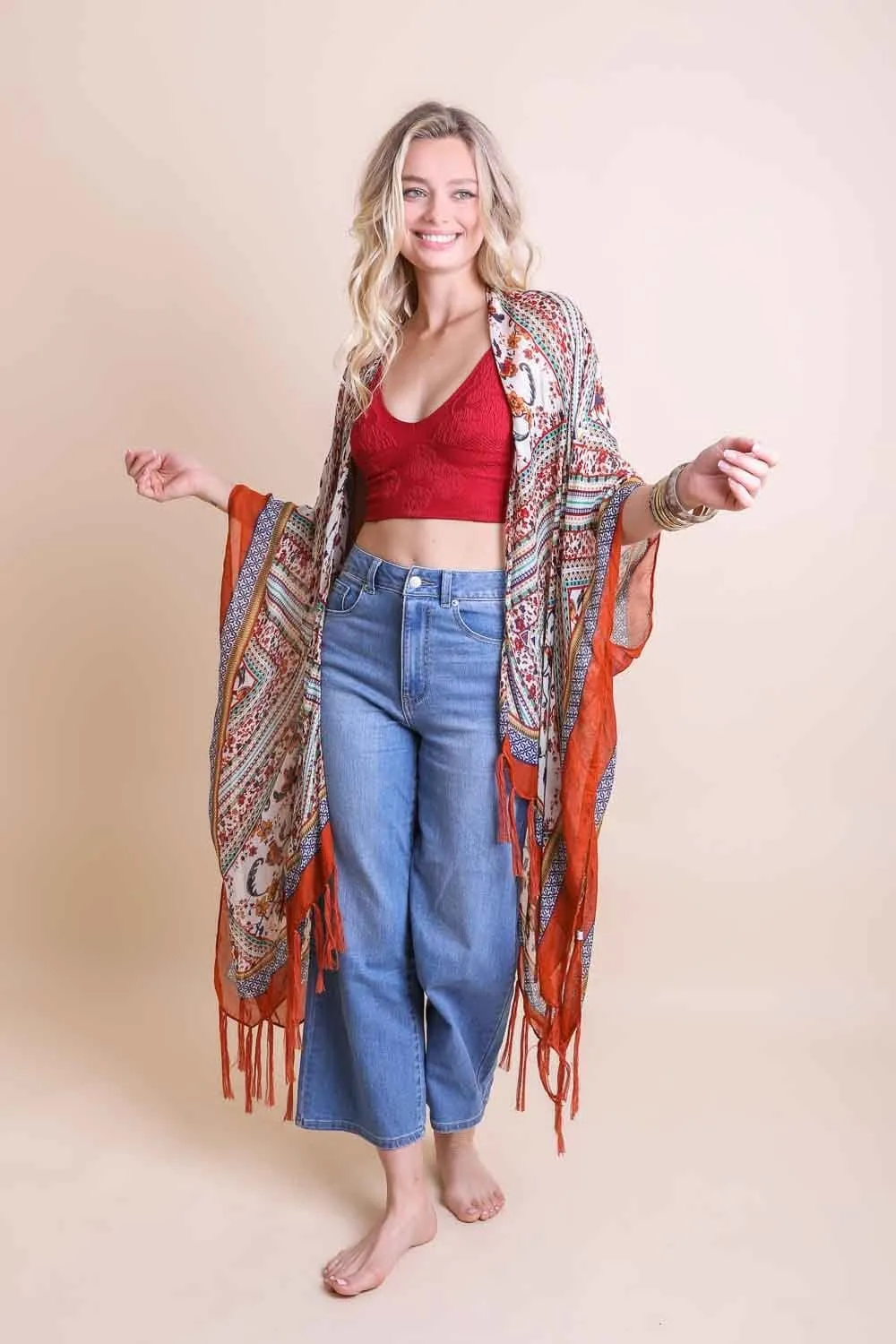 Boho Purple Tassel Kimono Duster