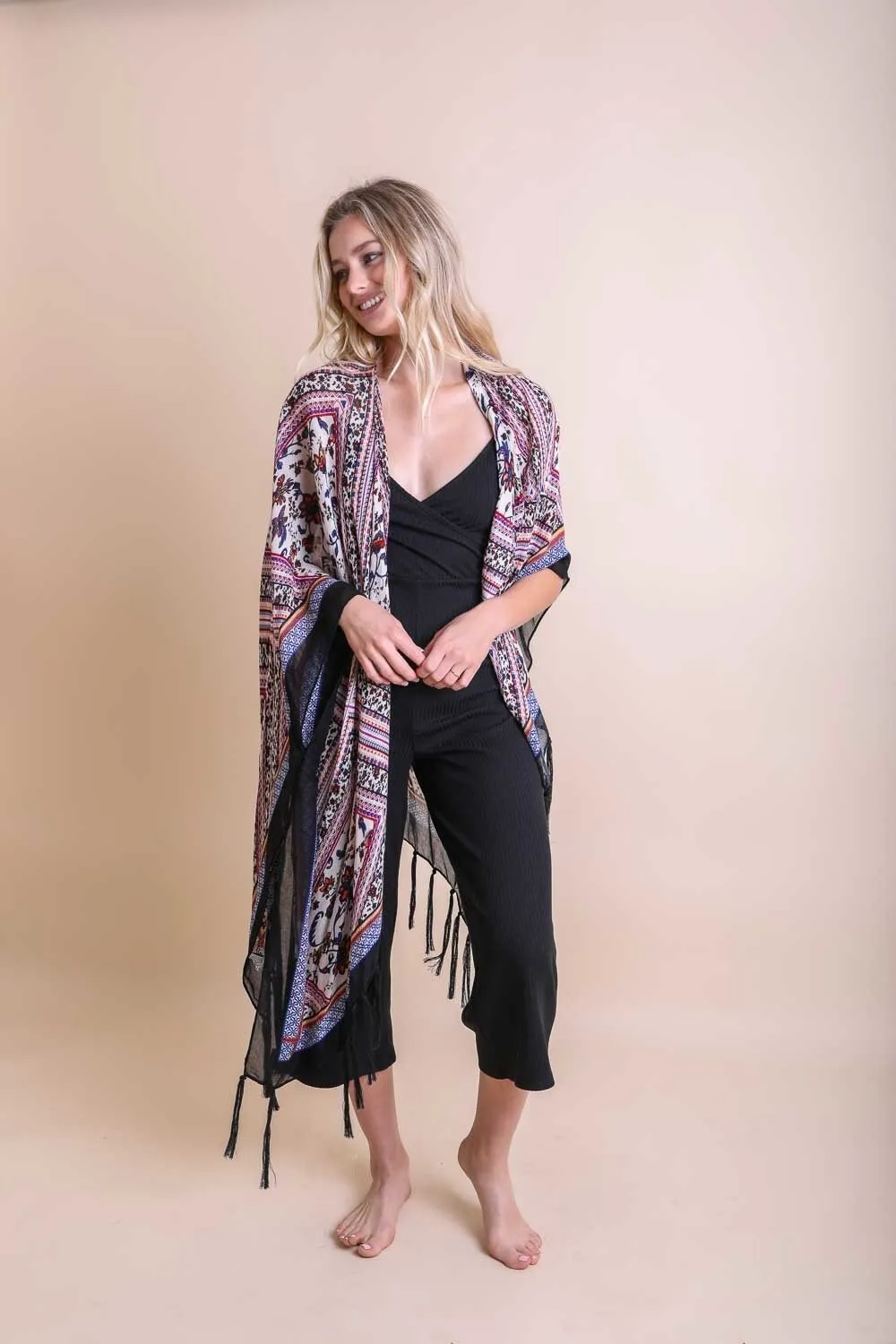 Boho Purple Tassel Kimono Duster