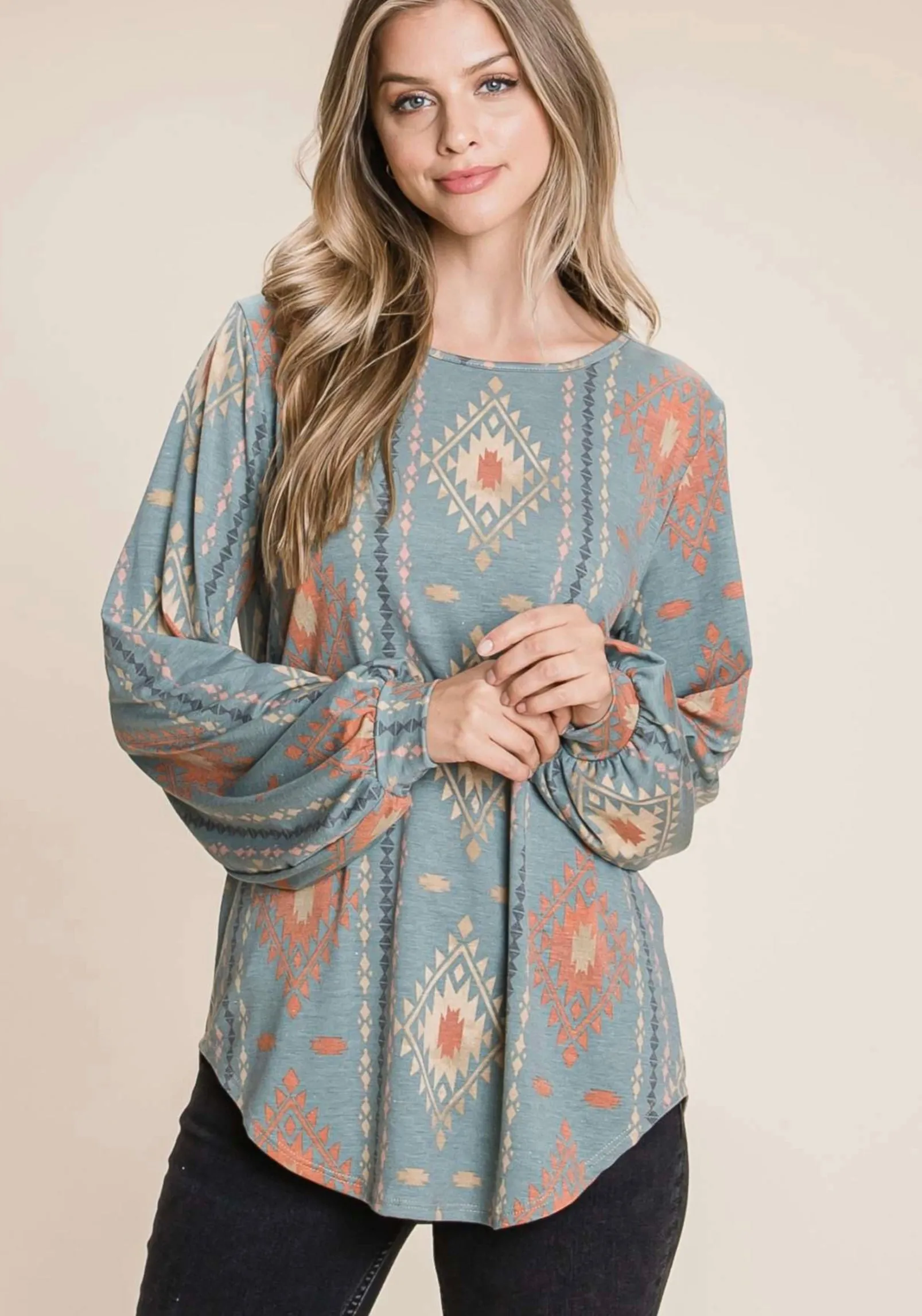 Bombom TL1601A Aztec Print Loose Fit Tunic Top