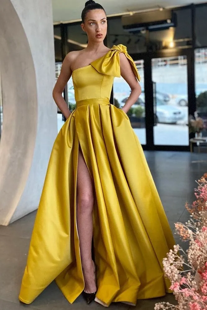 Bow One-shoulder Yellow Prom Gowns with Leg Slit