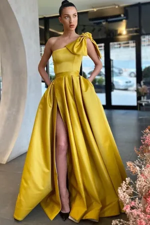 Bow One-shoulder Yellow Prom Gowns with Leg Slit
