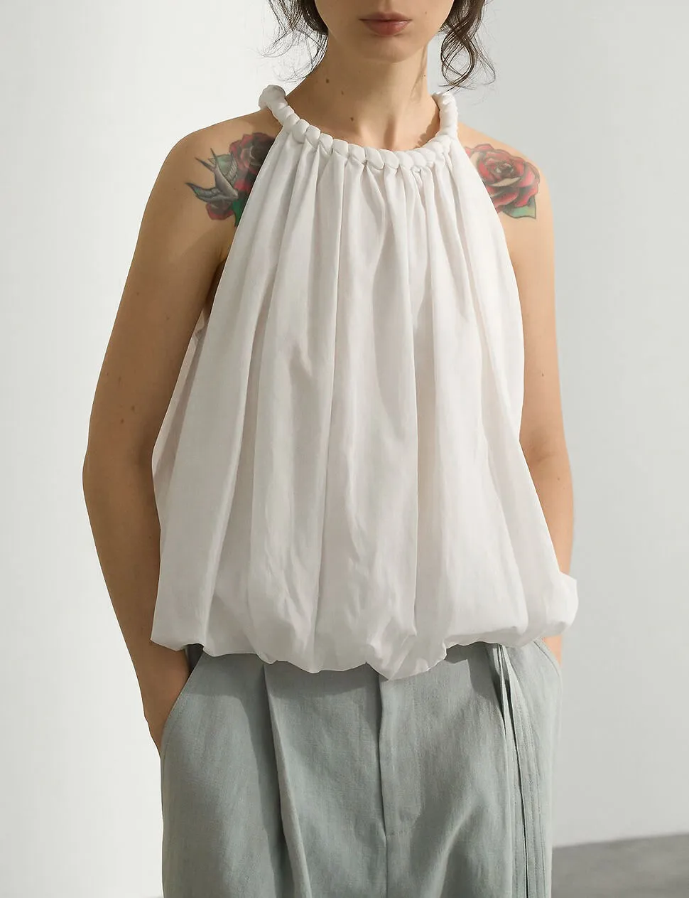 Braided Halter Puff Top in White
