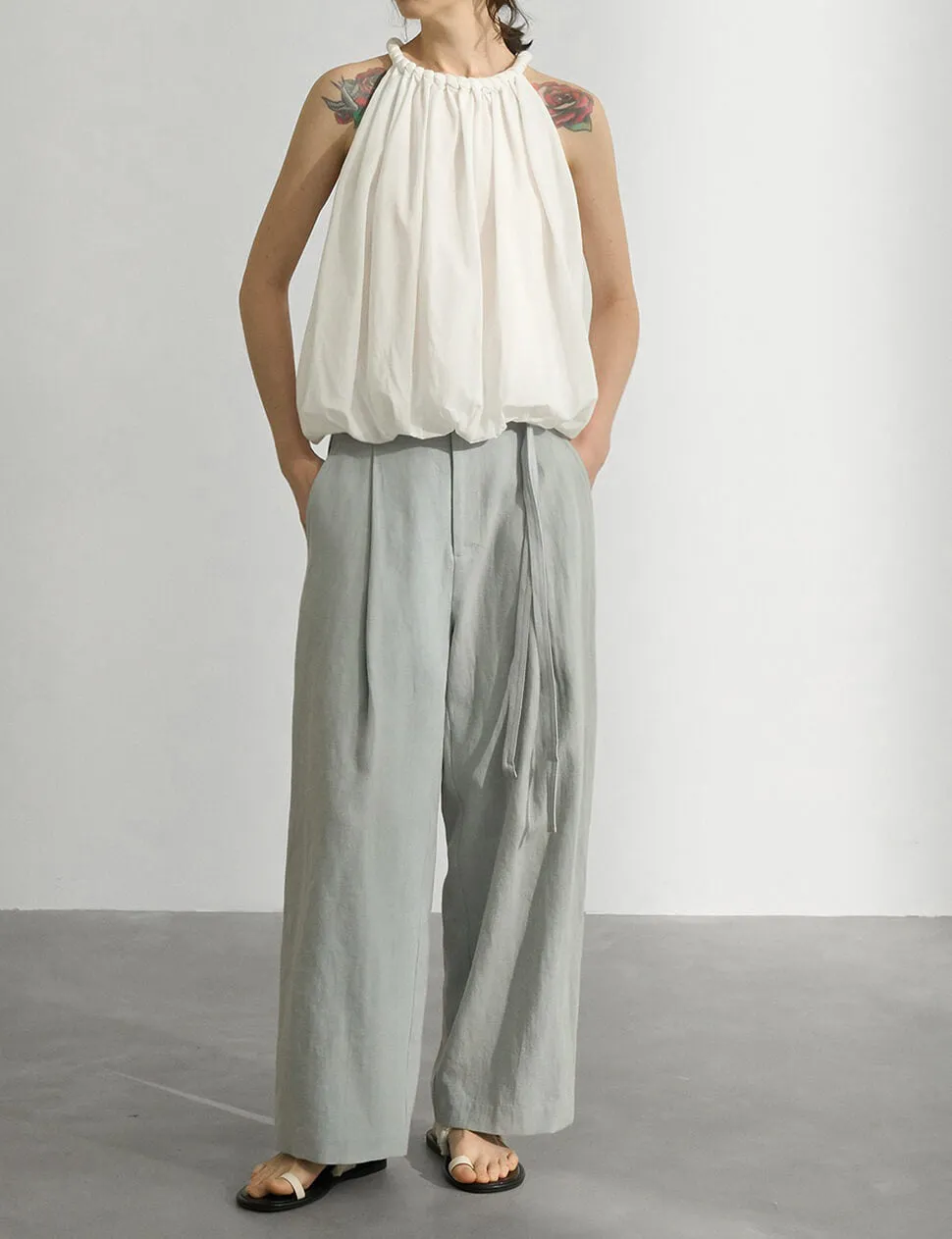 Braided Halter Puff Top in White
