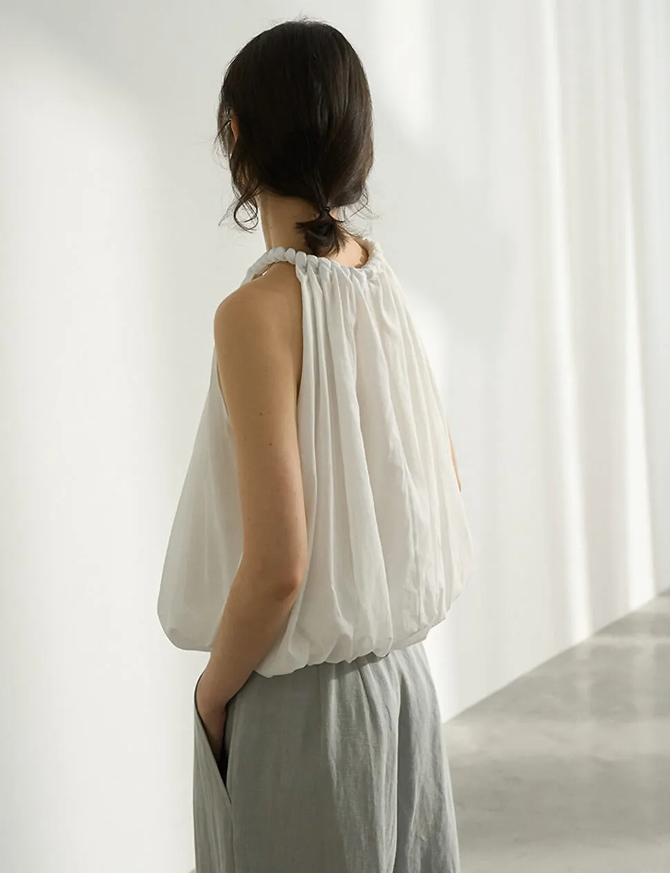 Braided Halter Puff Top in White