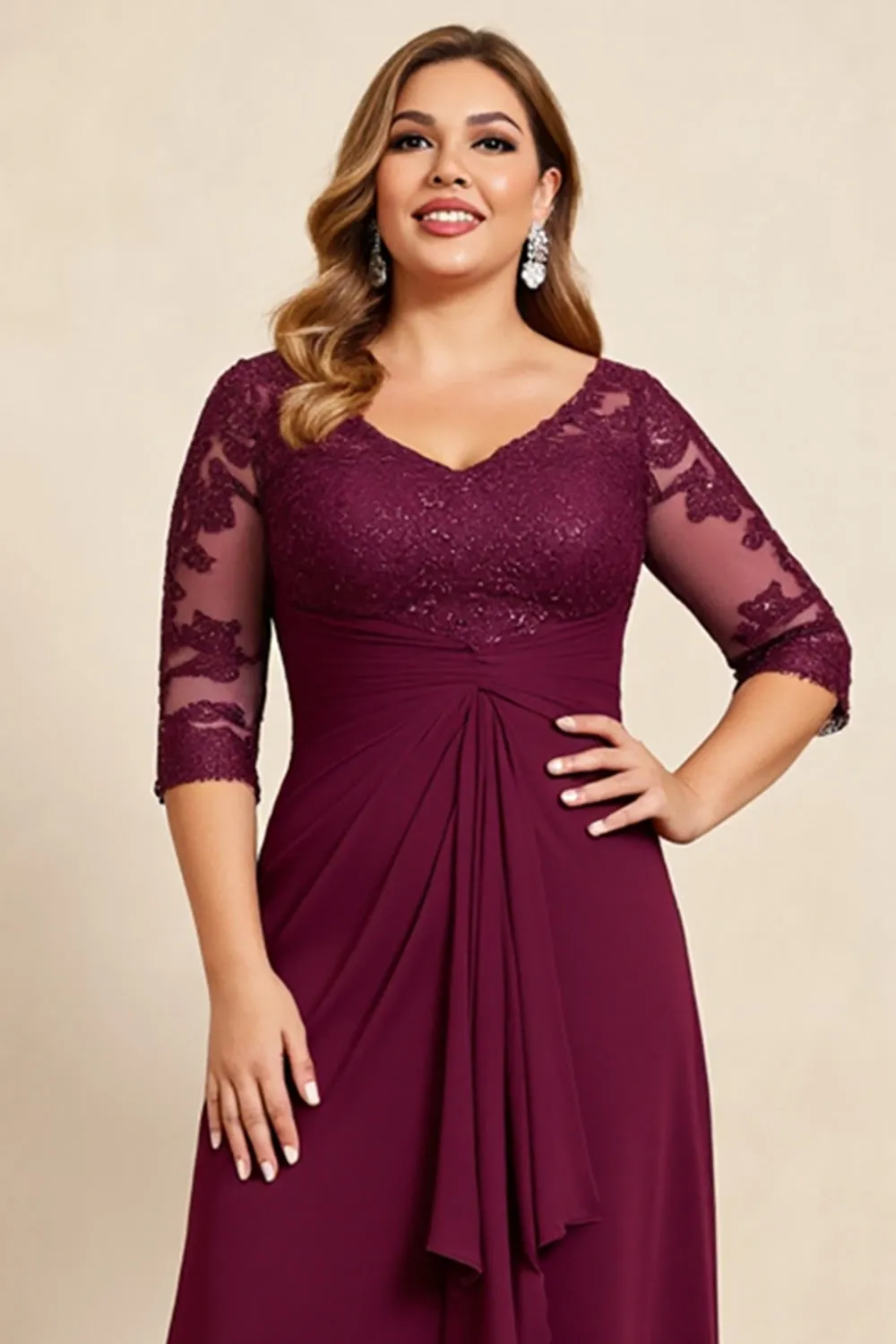 Burgundy Plus Size Appliqued Chiffon Mother of the Bride Dress