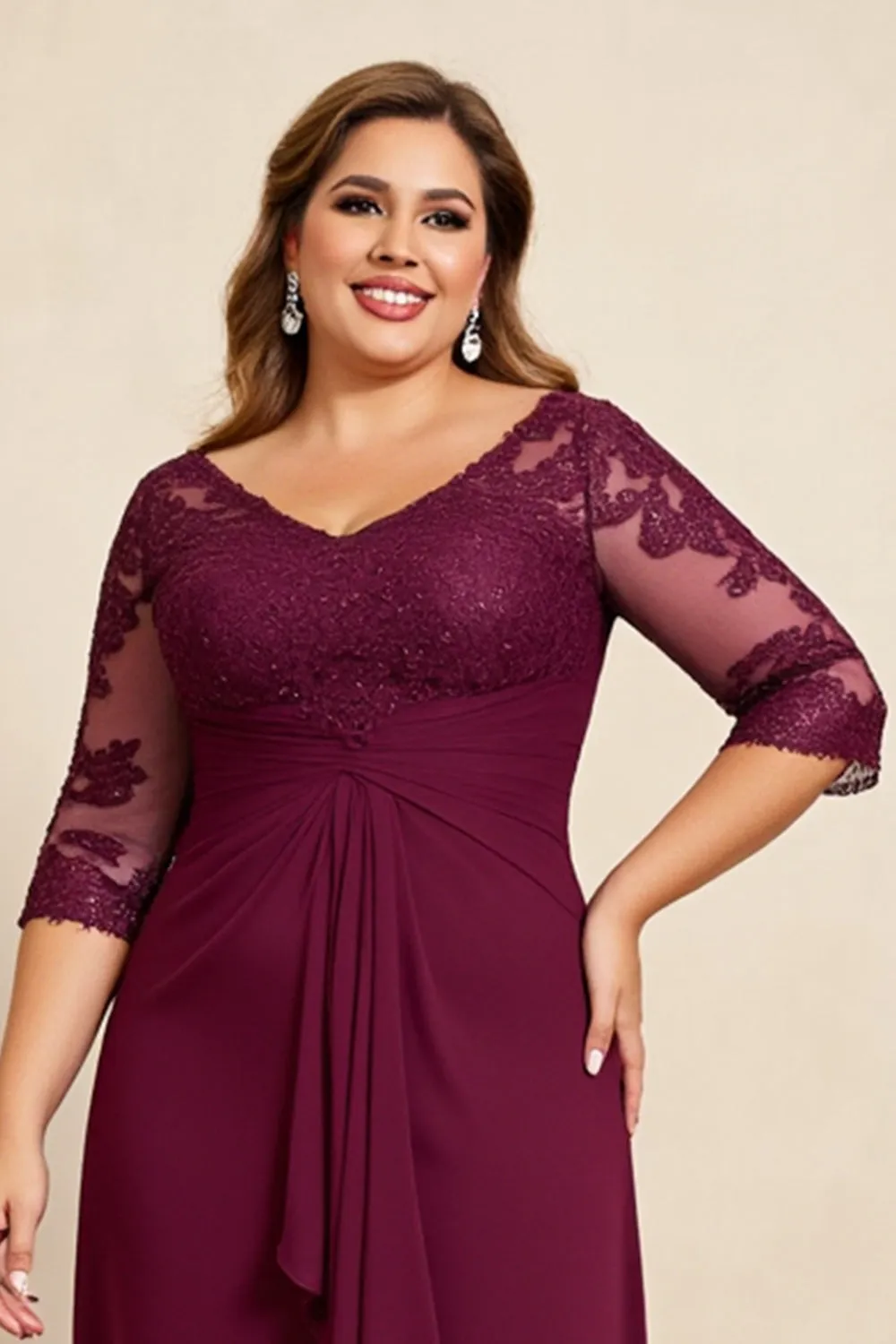 Burgundy Plus Size Appliqued Chiffon Mother of the Bride Dress
