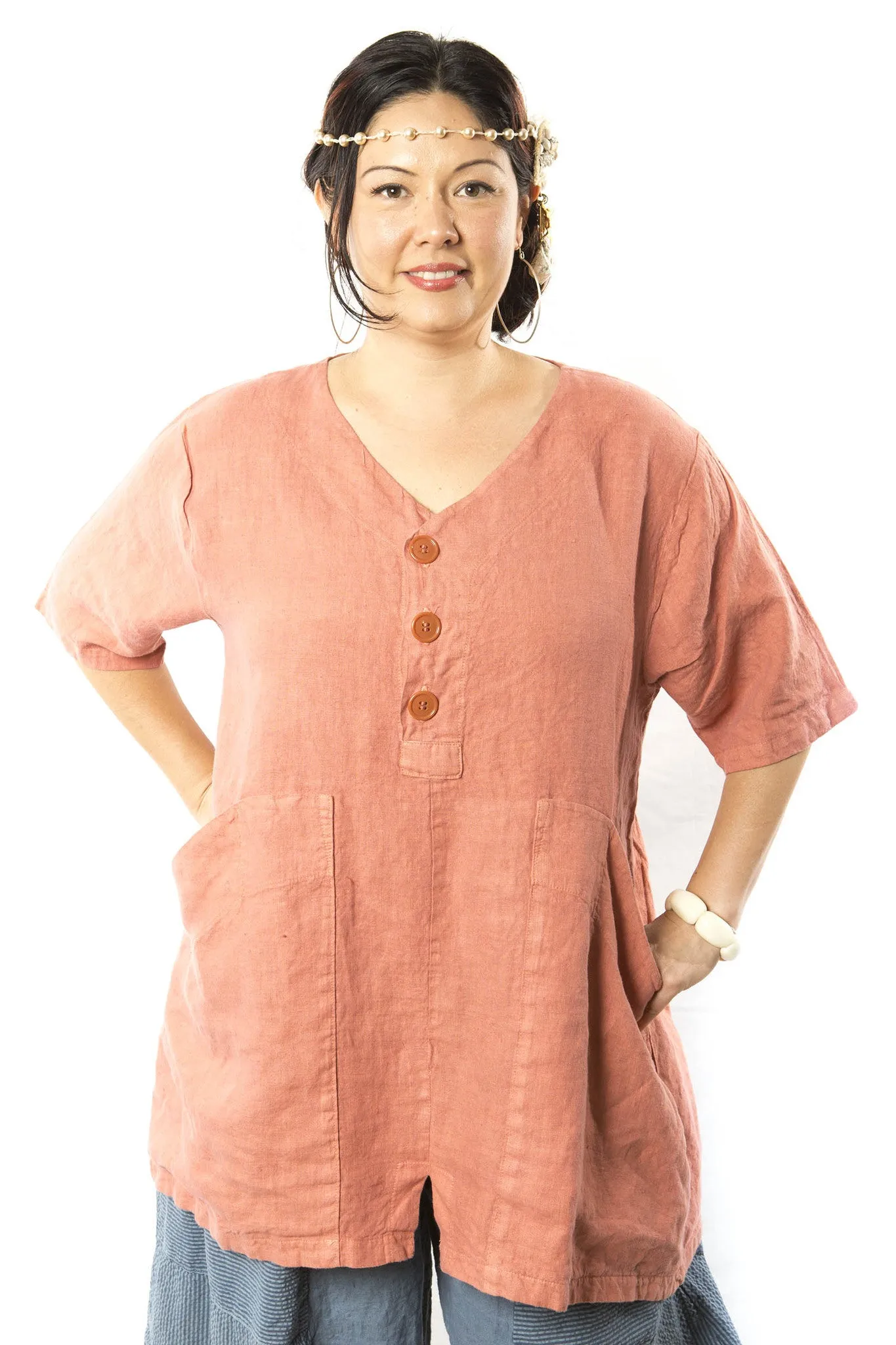 Button Linen Tunic Printed